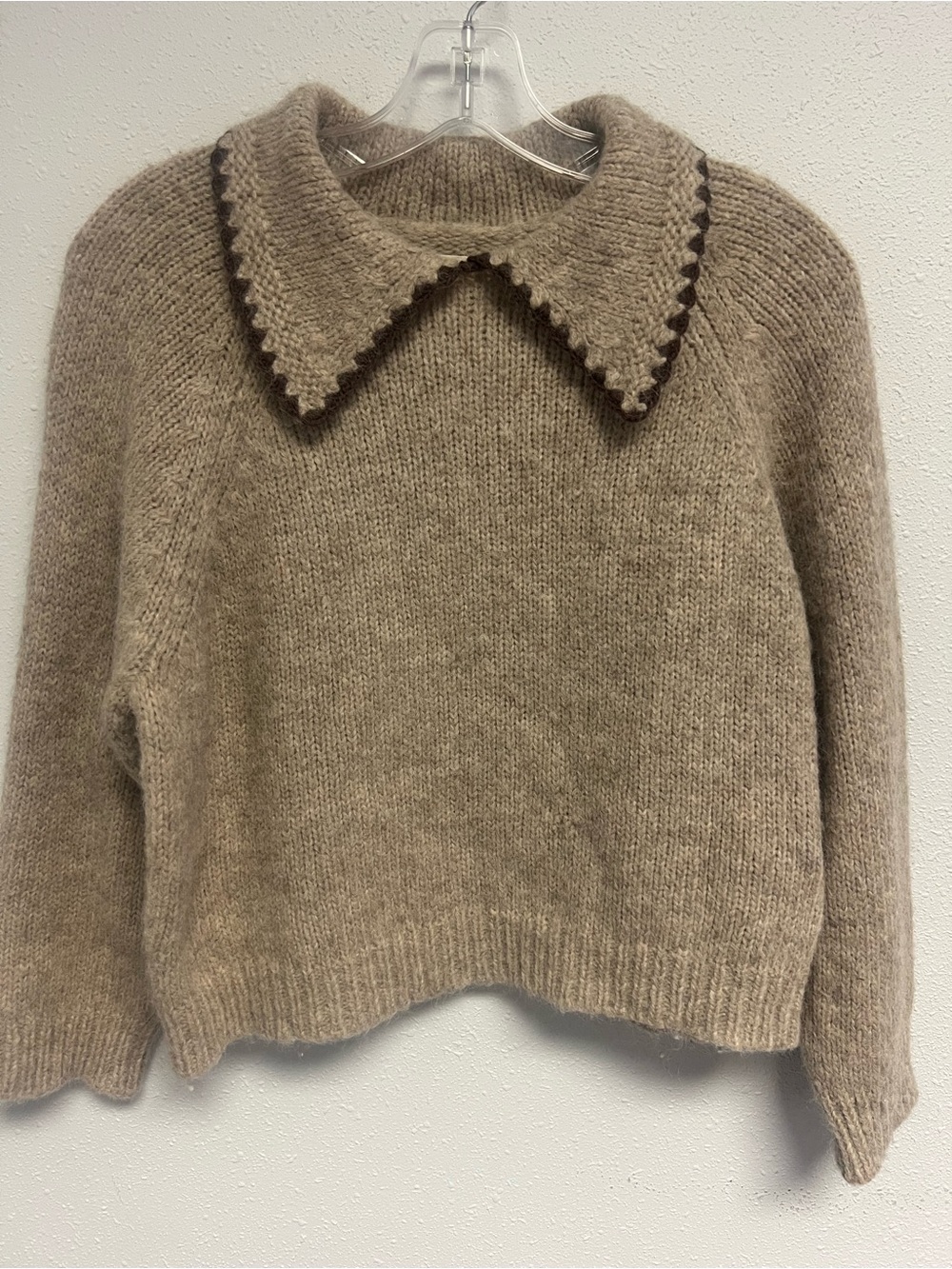 THE GREAT. Taupe Sweater with Scalloped Trim Collar